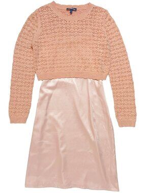 Girls Pink 2 Piece Dress Set Satin Slip Crochet Sweater L 12/14